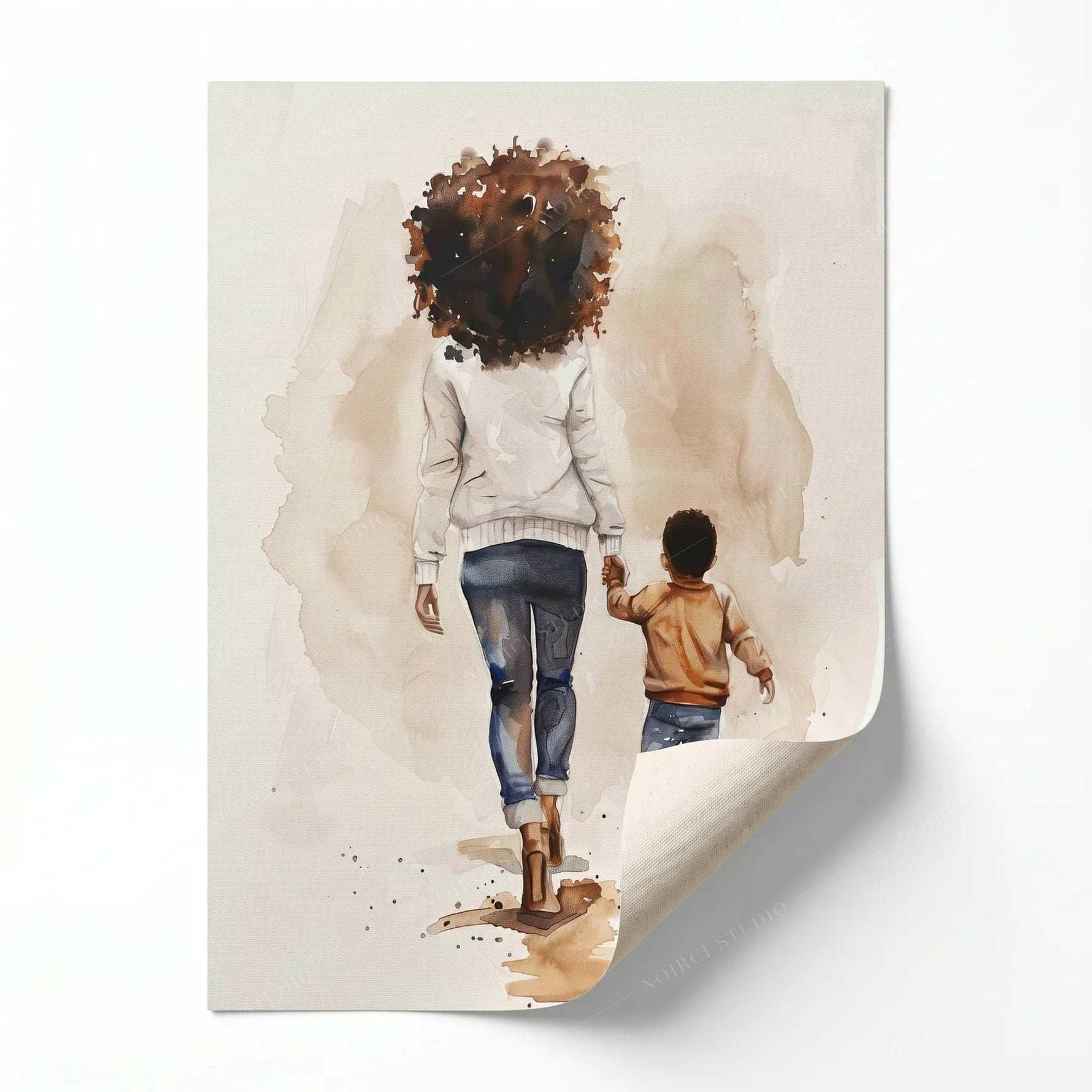Rolled canvas print of a mother and son watercolor with curled corner, ready for custom framing