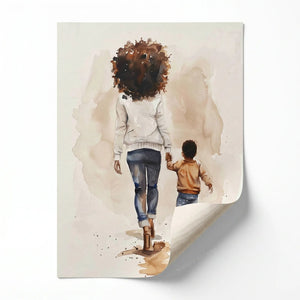 Rolled canvas print of a mother and son watercolor with curled corner, ready for custom framing