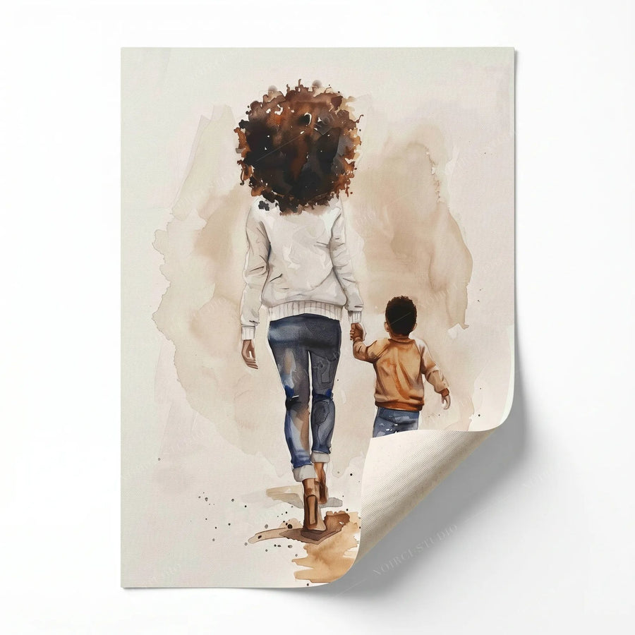 Rolled canvas print of a mother and son watercolor with curled corner, ready for custom framing