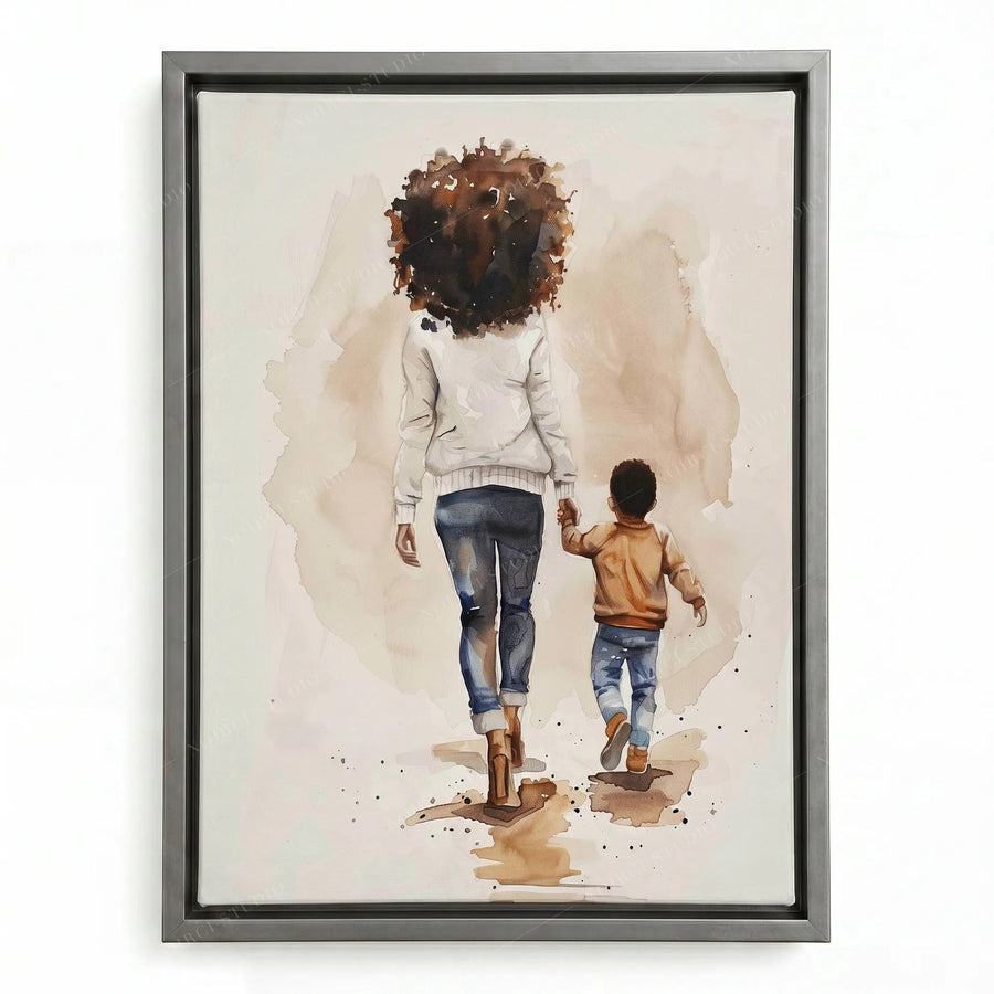 Black motherhood art in a silver floating frame, soft watercolor of a mom and her boy walking side by side