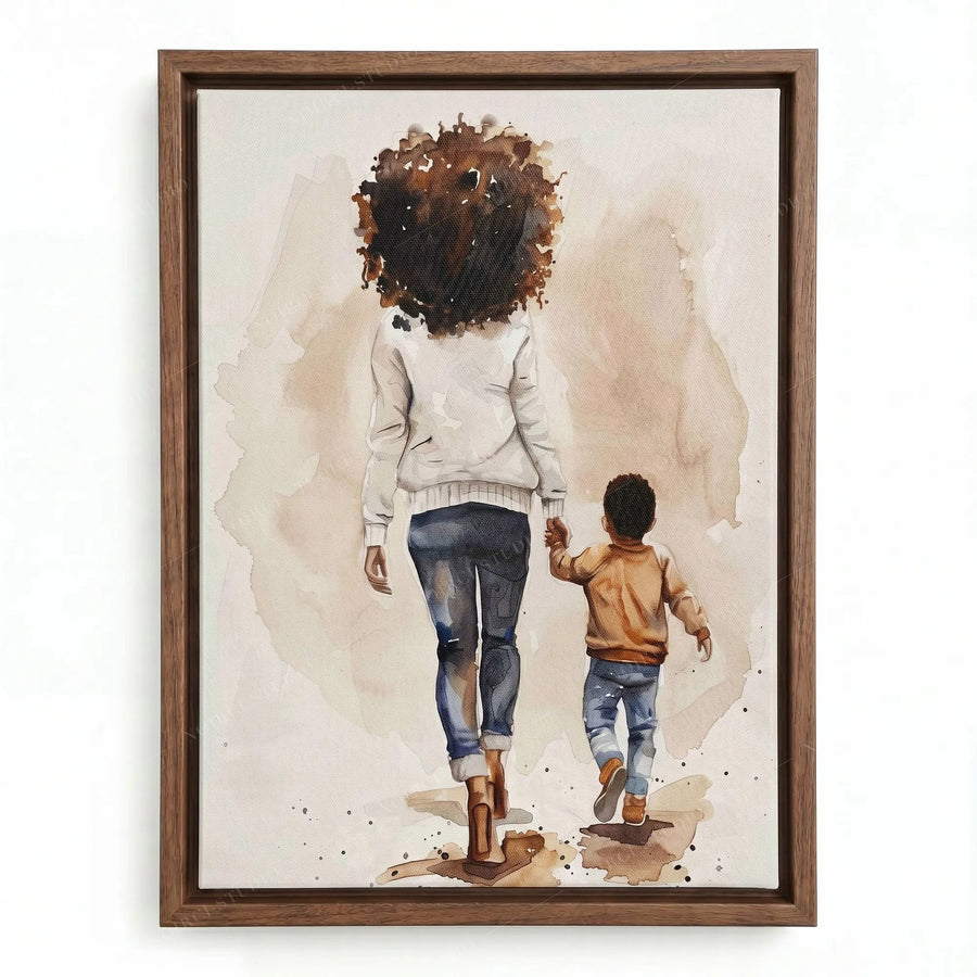 African American family art in a walnut floating frame, mother in a cream sweater holding her son's hand, watercolor