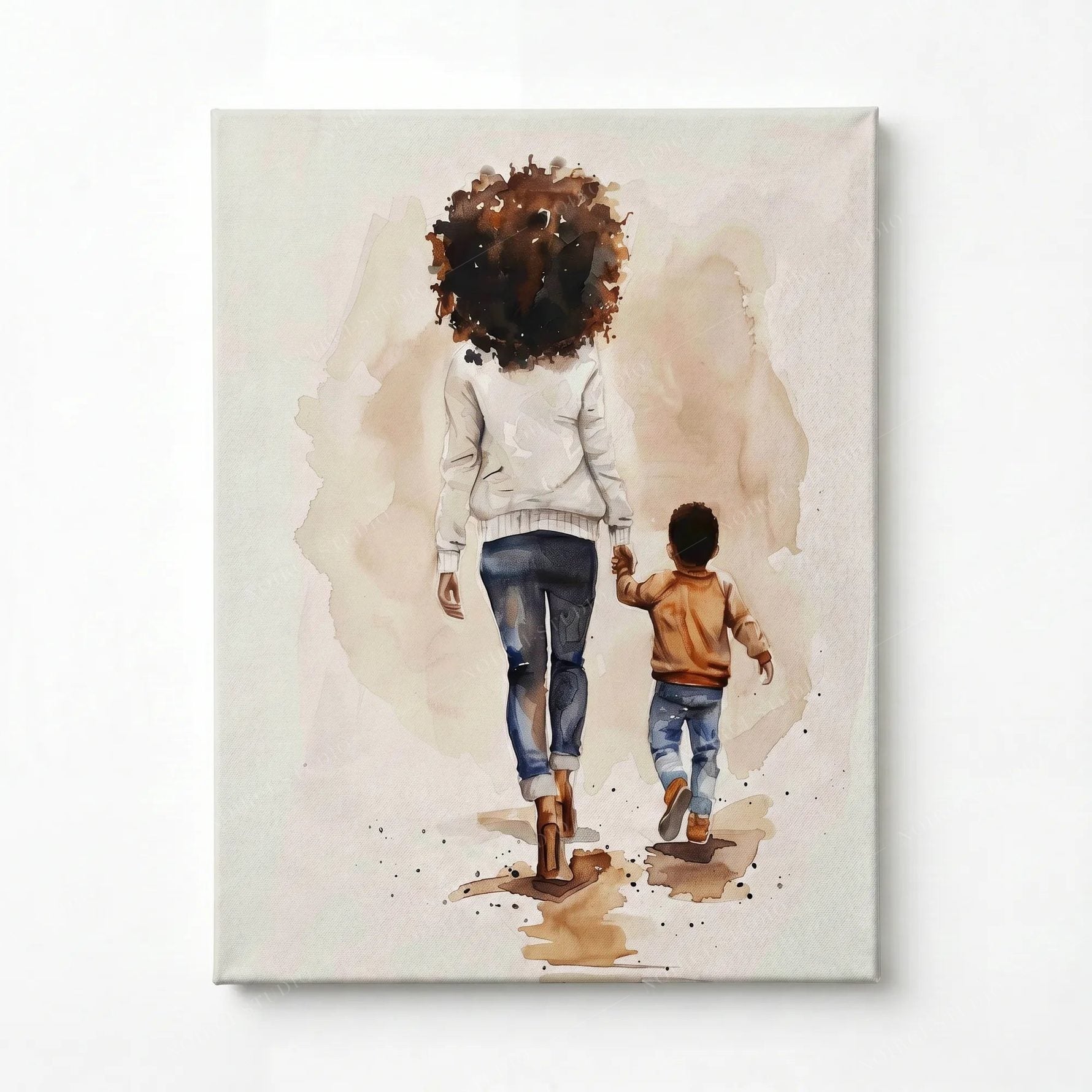 Stretched canvas, ready to hang, watercolor of a Black mother and son walking hand in hand