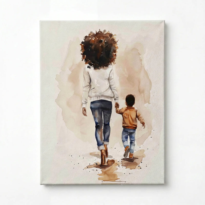 Stretched canvas, ready to hang, watercolor of a Black mother and son walking hand in hand