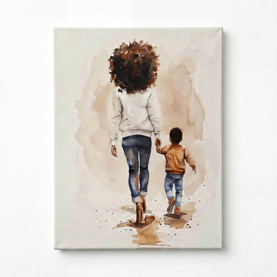 Stretched canvas, ready to hang, watercolor of a Black mother and son walking hand in hand