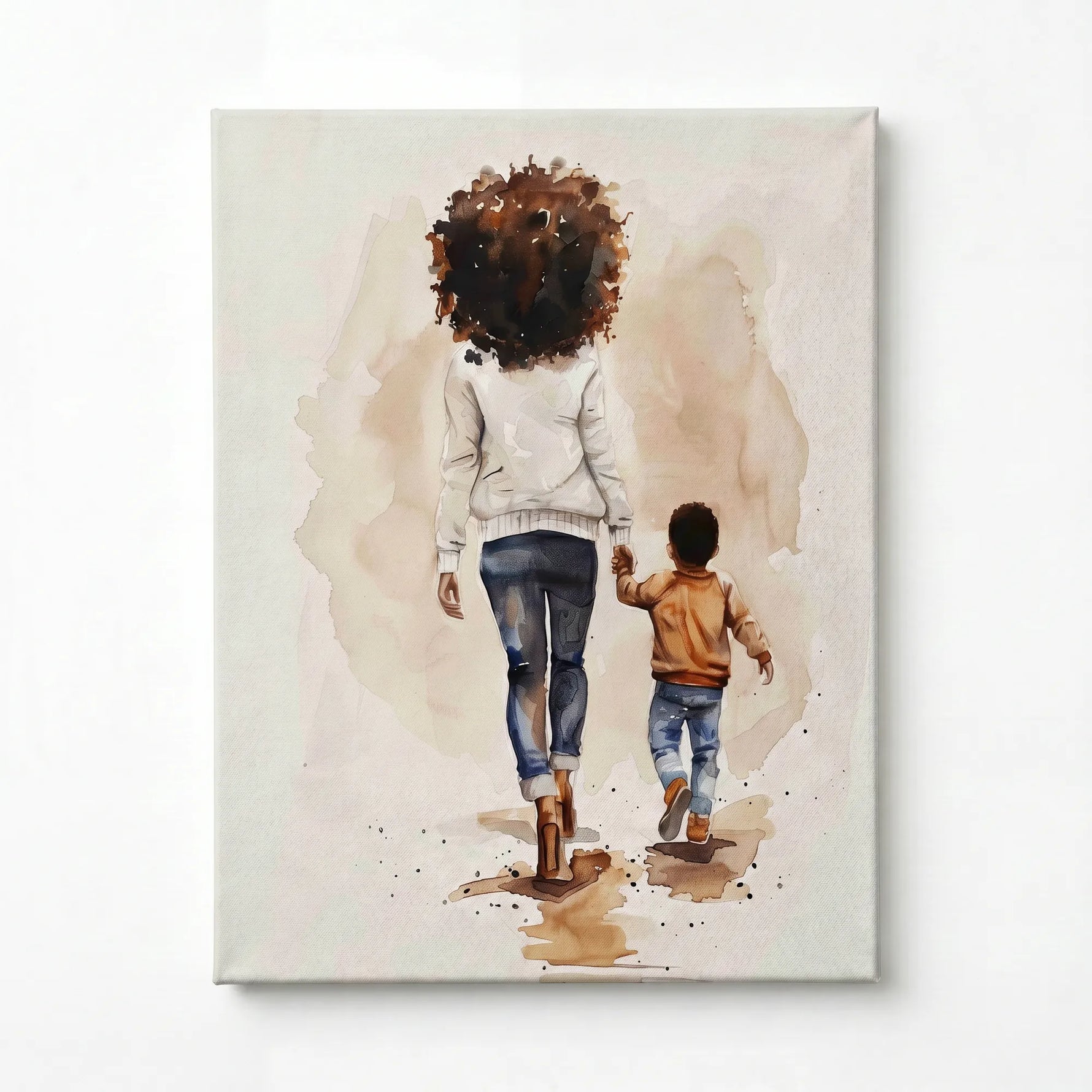 Stretched canvas, ready to hang, watercolor of a Black mother and son walking hand in hand