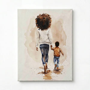 Stretched canvas, ready to hang, watercolor of a Black mother and son walking hand in hand
