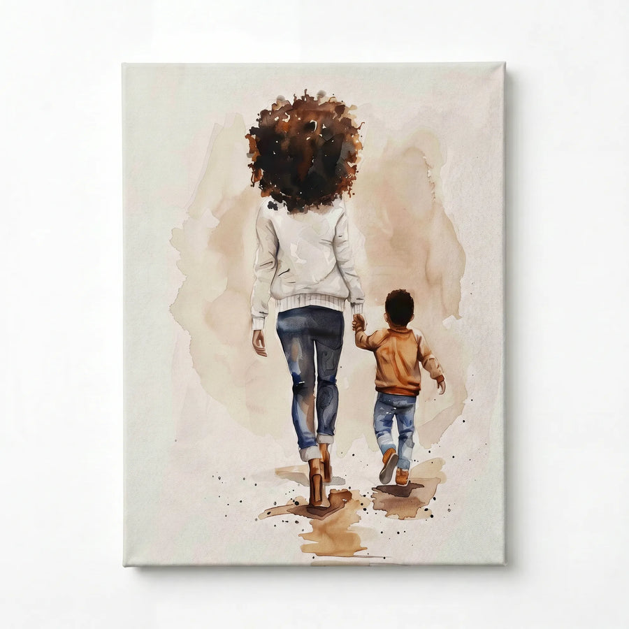 Stretched canvas, ready to hang, watercolor of a Black mother and son walking hand in hand