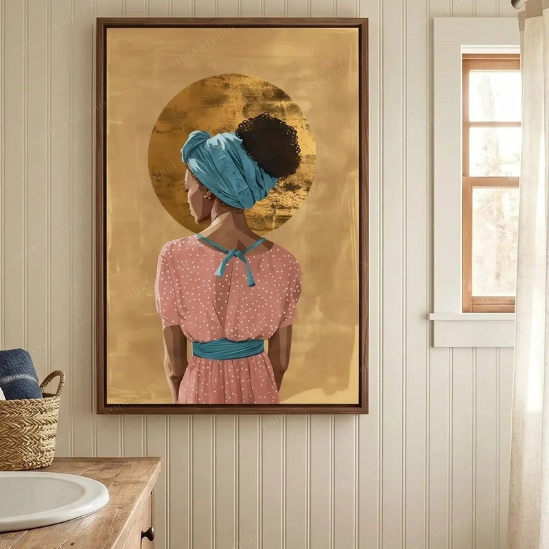 Black bathroom wall art above a wood vanity with beadboard walls, gold halo woman in a pink polka dot dress