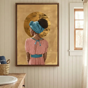 Black bathroom wall art above a wood vanity with beadboard walls, gold halo woman in a pink polka dot dress