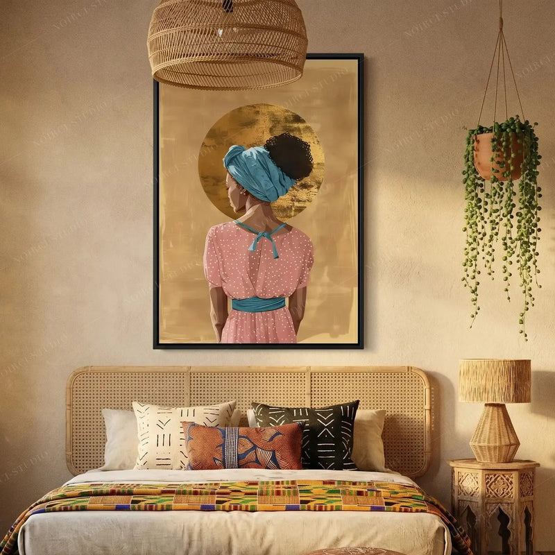 Black boho decor in a bedroom with cane headboard, kente throw and rattan pendant, gold halo headwrap art