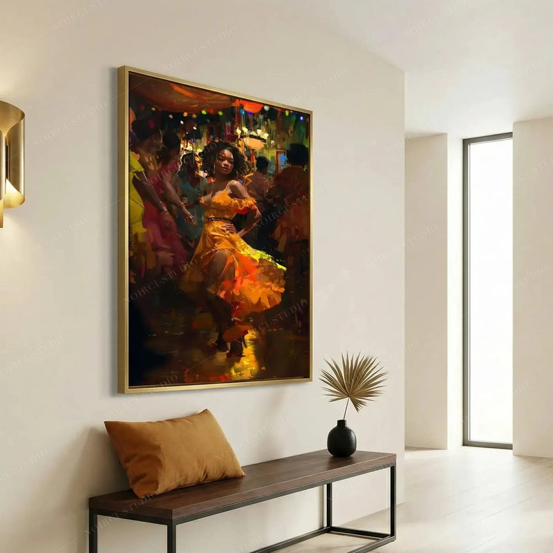 Modern Black art for apartment, dancer in a gold frame above a walnut bench with a mustard cushion in a minimal hallway