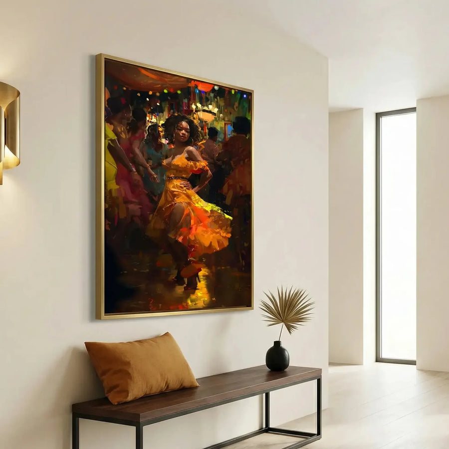 Modern Black art for apartment, dancer in a gold frame above a walnut bench with a mustard cushion in a minimal hallway
