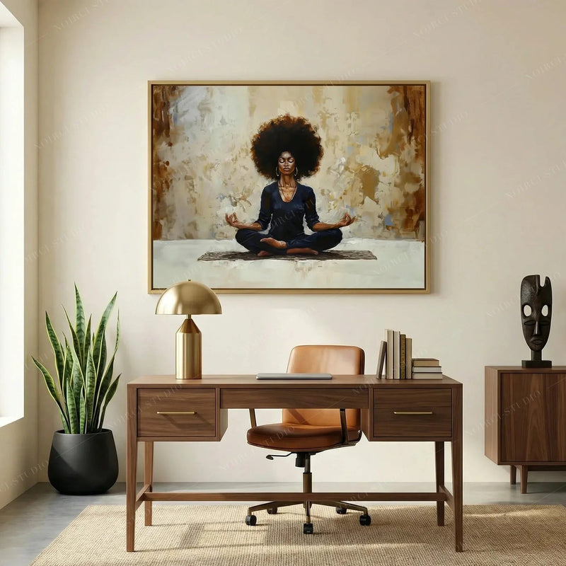 African American art for a home office, gold framed meditation art above a walnut desk with a snake plant nearby