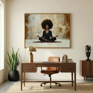 African American art for a home office, gold framed meditation art above a walnut desk with a snake plant nearby