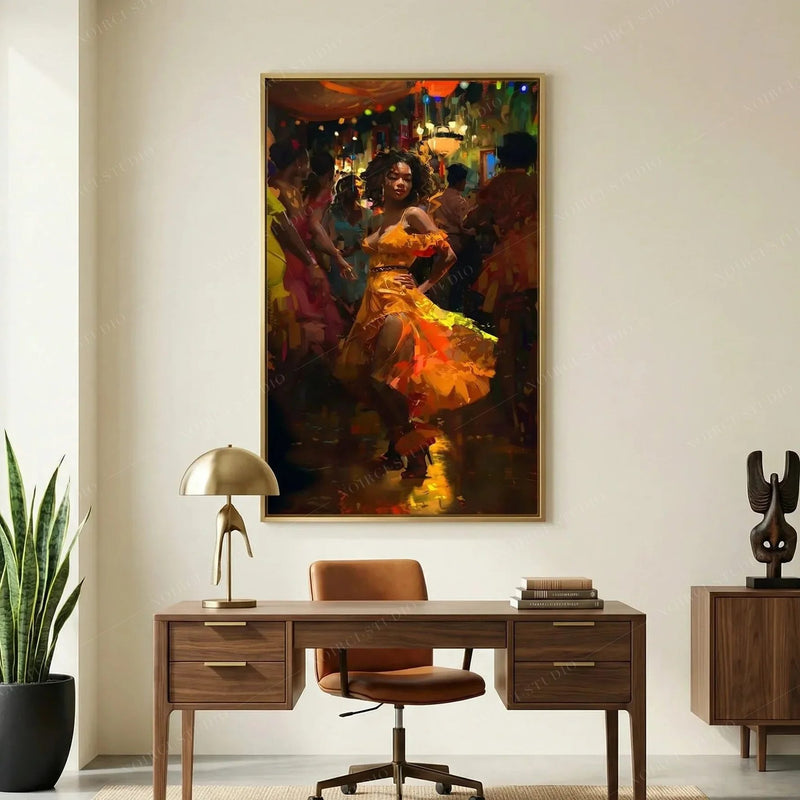 African American art for a home office, gold framed salsa painting above a walnut desk and leather chair