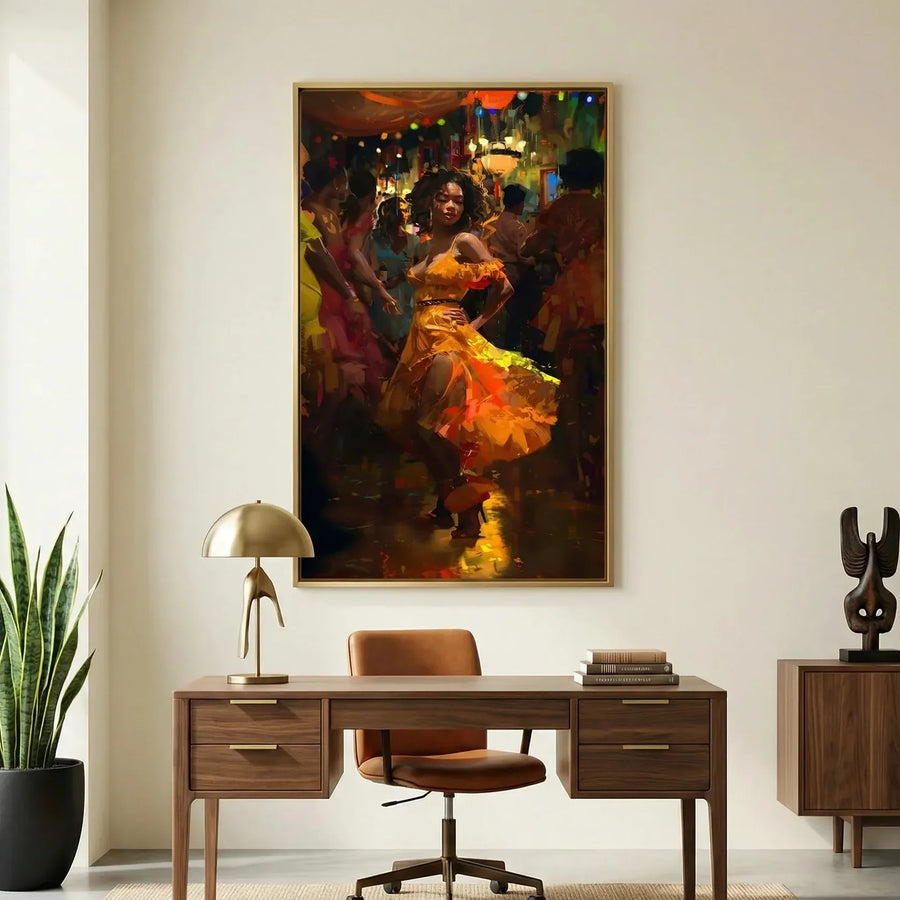 African American art for a home office, gold framed salsa painting above a walnut desk and leather chair