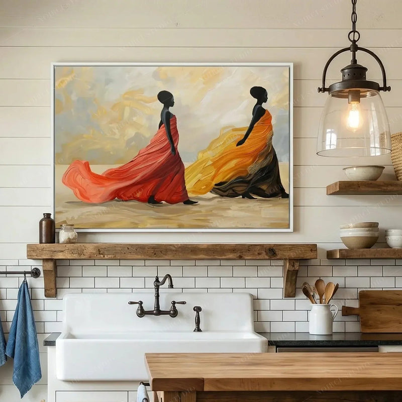 Black kitchen wall art, white framed gown painting above a farmhouse sink, subway tile and open wood shelves