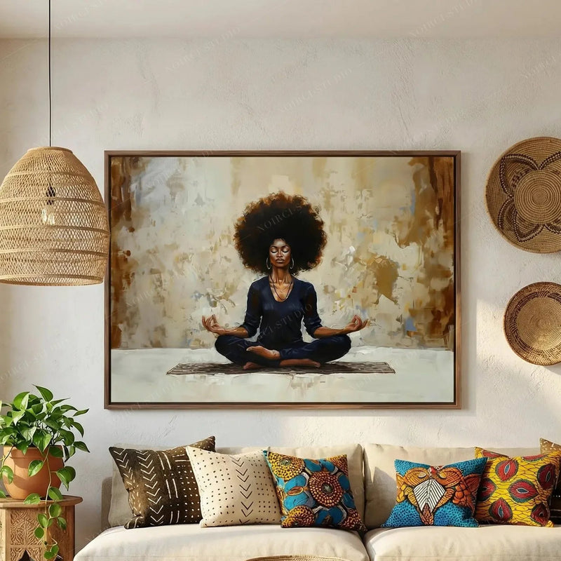Afro bohemian living room with woven wall baskets and wax print pillows, meditation art in a walnut frame