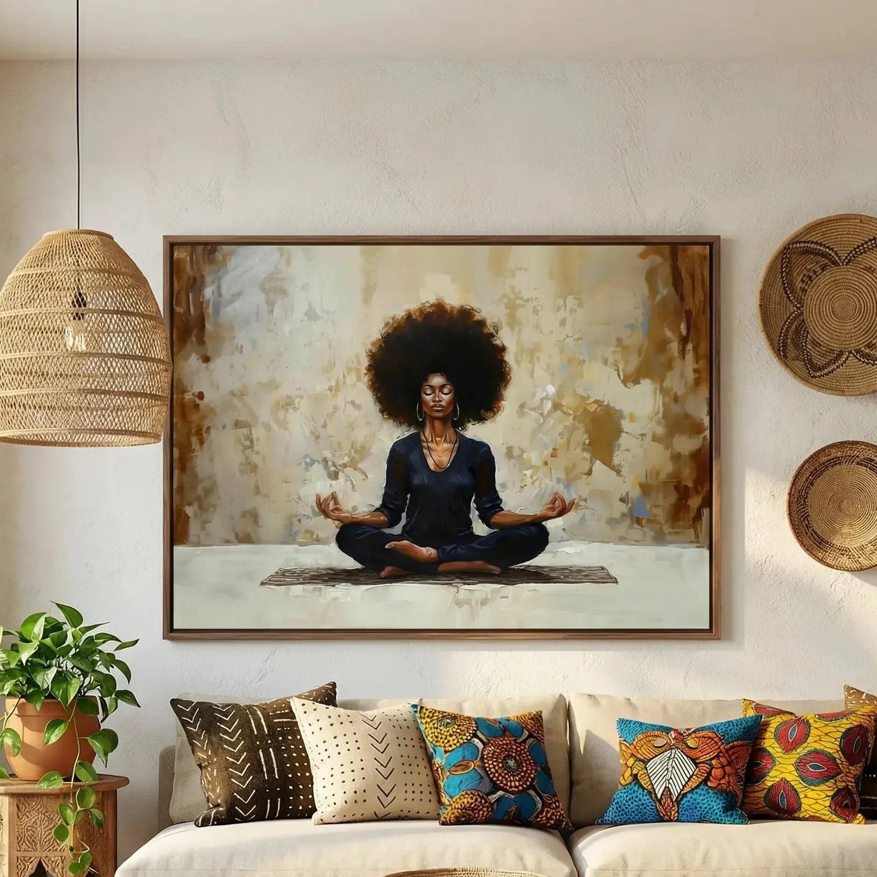 Afro bohemian living room with woven wall baskets and wax print pillows, meditation art in a walnut frame