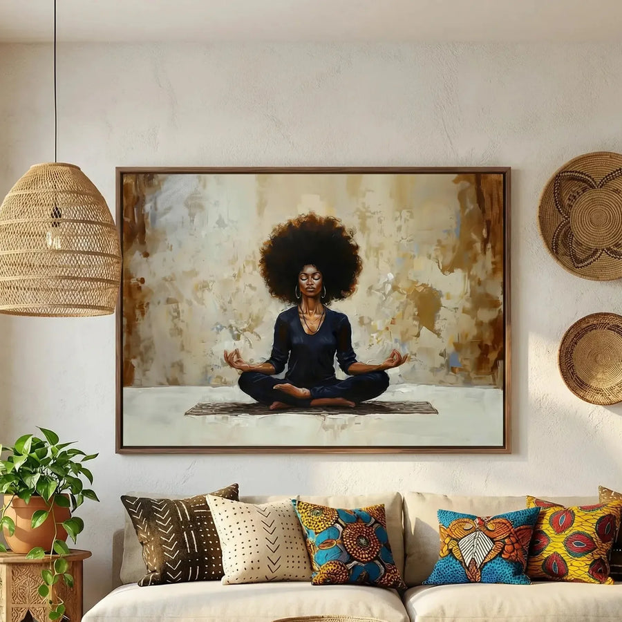 Afro bohemian living room with woven wall baskets and wax print pillows, meditation art in a walnut frame