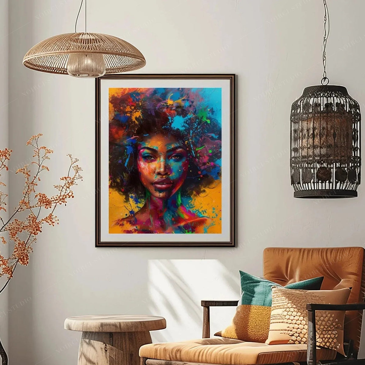 Afrohemian decor reading nook with a cognac armchair and woven pendant lights, splash-paint woman portrait in a wood frame