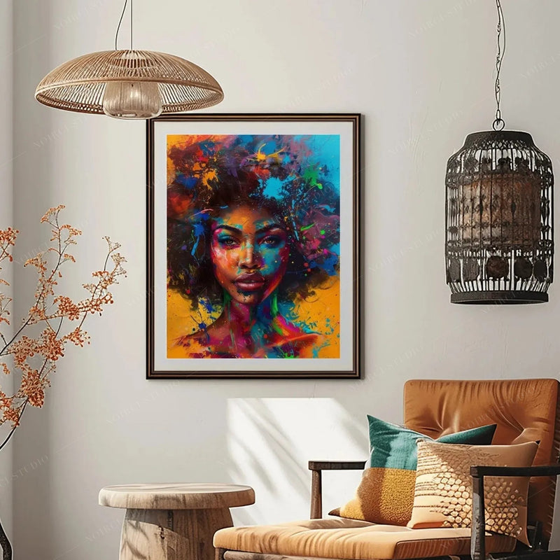 Afrohemian decor reading nook with a cognac armchair and woven pendant lights, splash-paint woman portrait in a wood frame