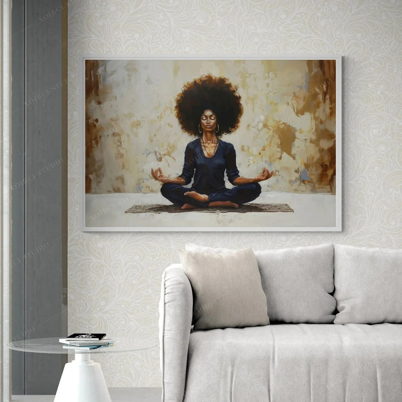 Meditation canvas in a white frame above a light gray sofa against soft patterned wallpaper