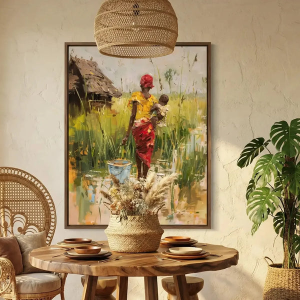 African wall art of a mother in a red headwrap carrying her baby past marsh grass, above a boho dining table