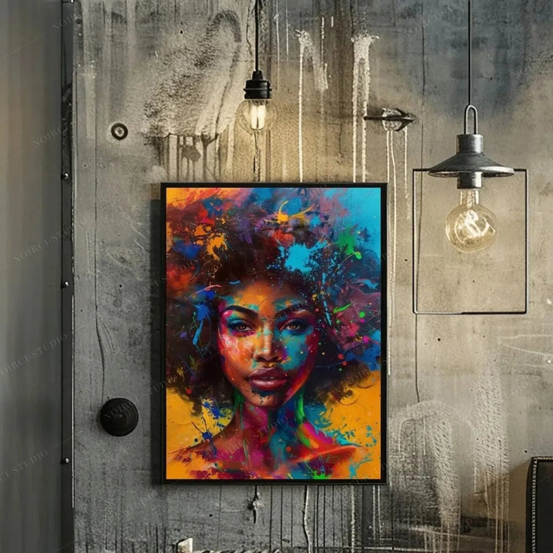 Afrofuturism decor in an industrial loft with raw concrete walls and edison bulbs, black-framed neon woman portrait
