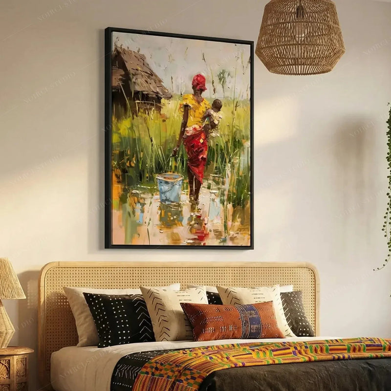 Black art for the bedroom, mother and baby painting above a cane bed with a kente print throw