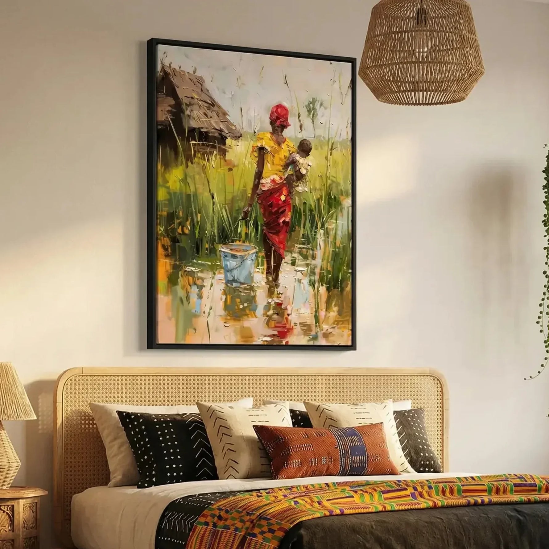 Black art for the bedroom, mother and baby painting above a cane bed with a kente print throw