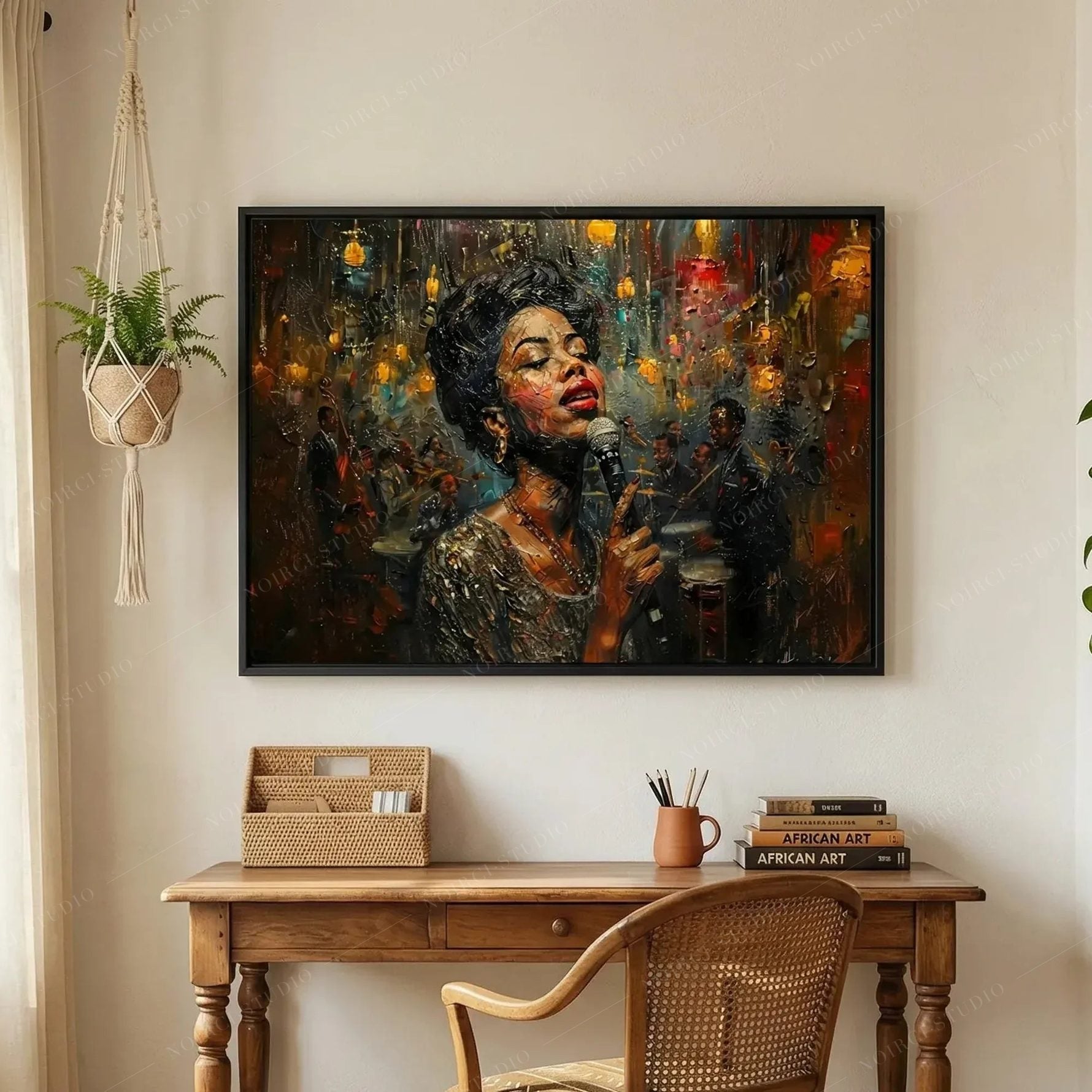 African American art for a home office, jazz club singer above a farmhouse desk with a cane chair