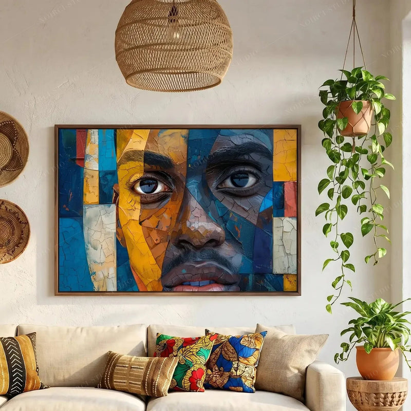Afrohemian decor, walnut-framed mosaic portrait above a cream sofa with wax print pillows and trailing pothos