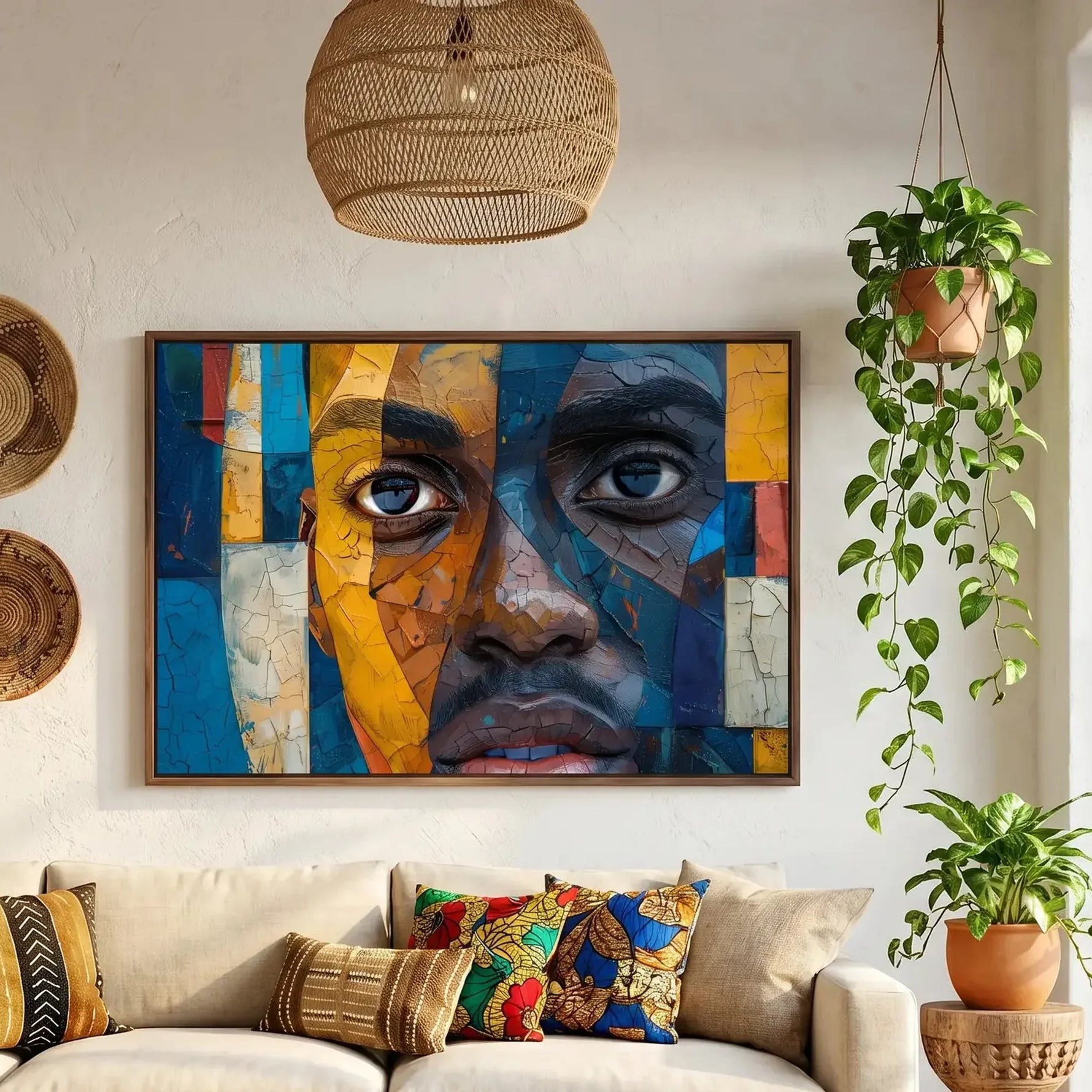 Afrohemian decor, walnut-framed mosaic portrait above a cream sofa with wax print pillows and trailing pothos