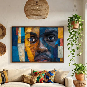 Afrohemian decor, walnut-framed mosaic portrait above a cream sofa with wax print pillows and trailing pothos