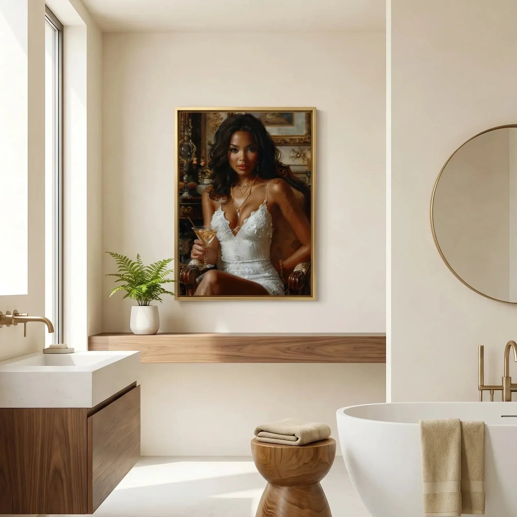 Black bathroom wall art in a gold frame above a wood vanity, round brass mirror, and freestanding tub in a cream bath