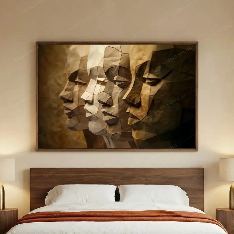 African American art for the bedroom, four sculpted men faces in a walnut frame above a modern platform bed