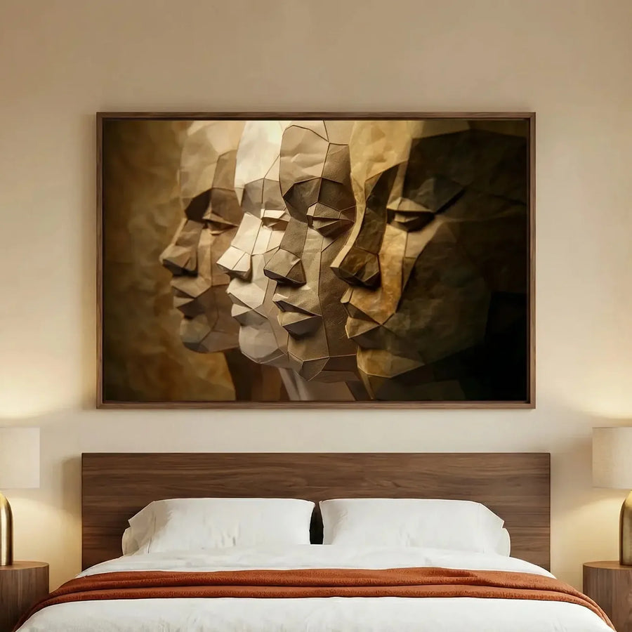 African American art for the bedroom, four sculpted men faces in a walnut frame above a modern platform bed