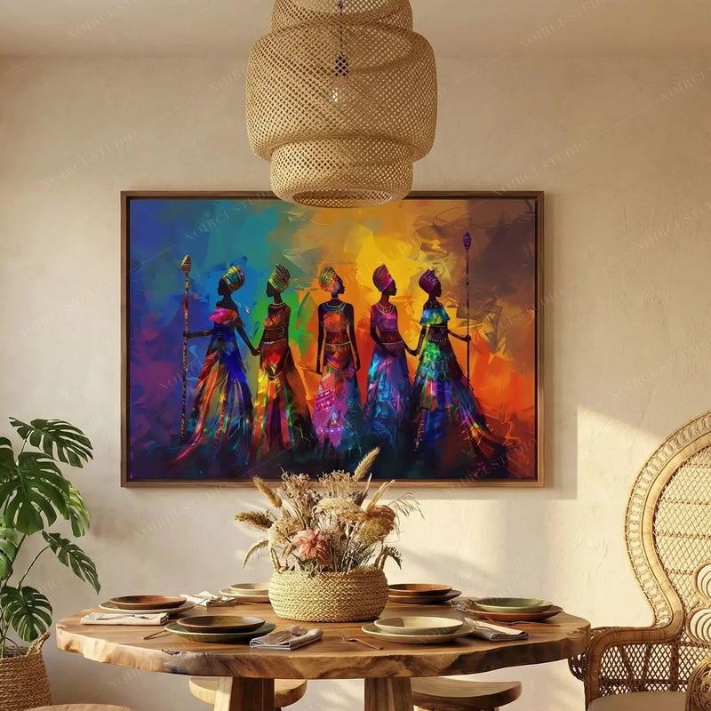 Colorful African women canvas above a round wood dining table with dried grasses, rattan pendant and monstera