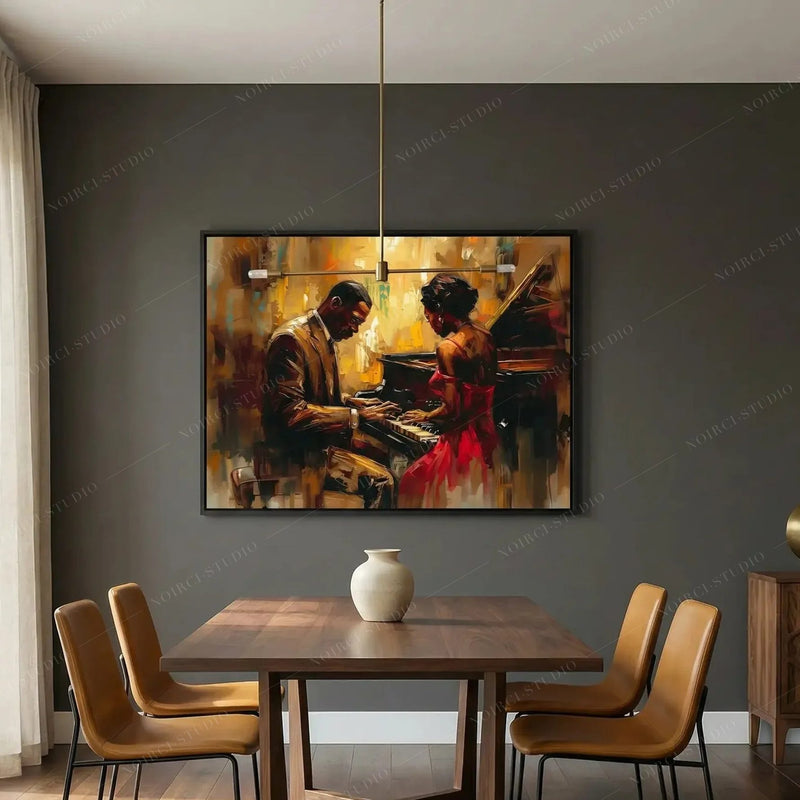 African American dining room art, jazz couple at a piano above a walnut table with cognac leather chairs