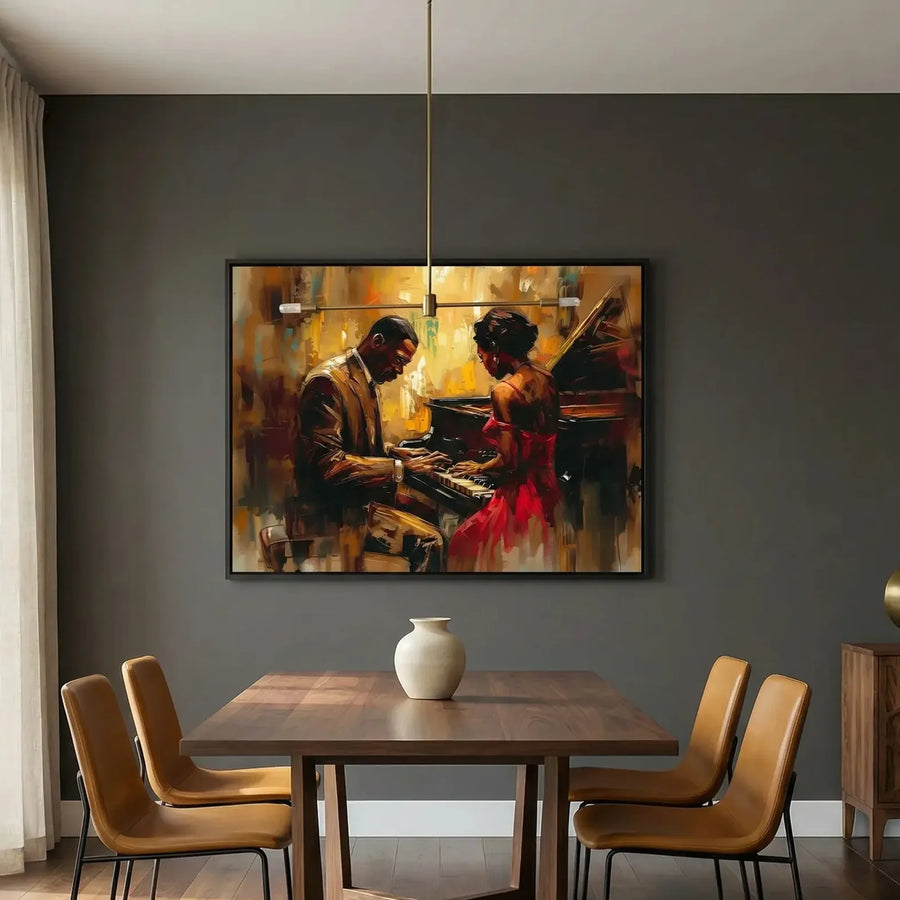 African American dining room art, jazz couple at a piano above a walnut table with cognac leather chairs