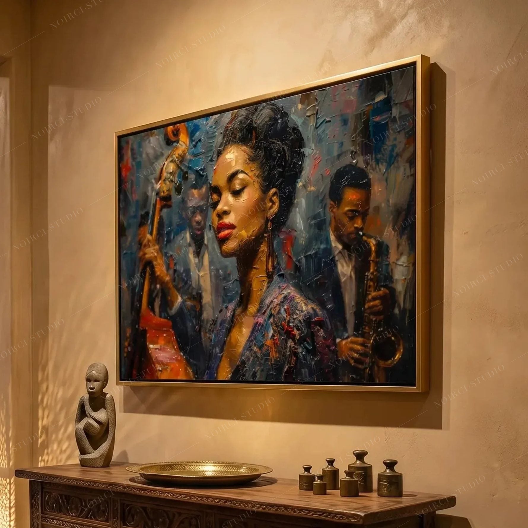 Afrohemian decor, jazz singer painting in a warm plaster hallway above a carved console with a sculpture