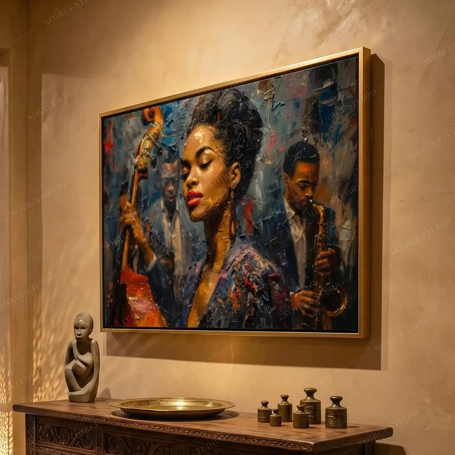 Afrohemian decor, jazz singer painting in a warm plaster hallway above a carved console with a sculpture