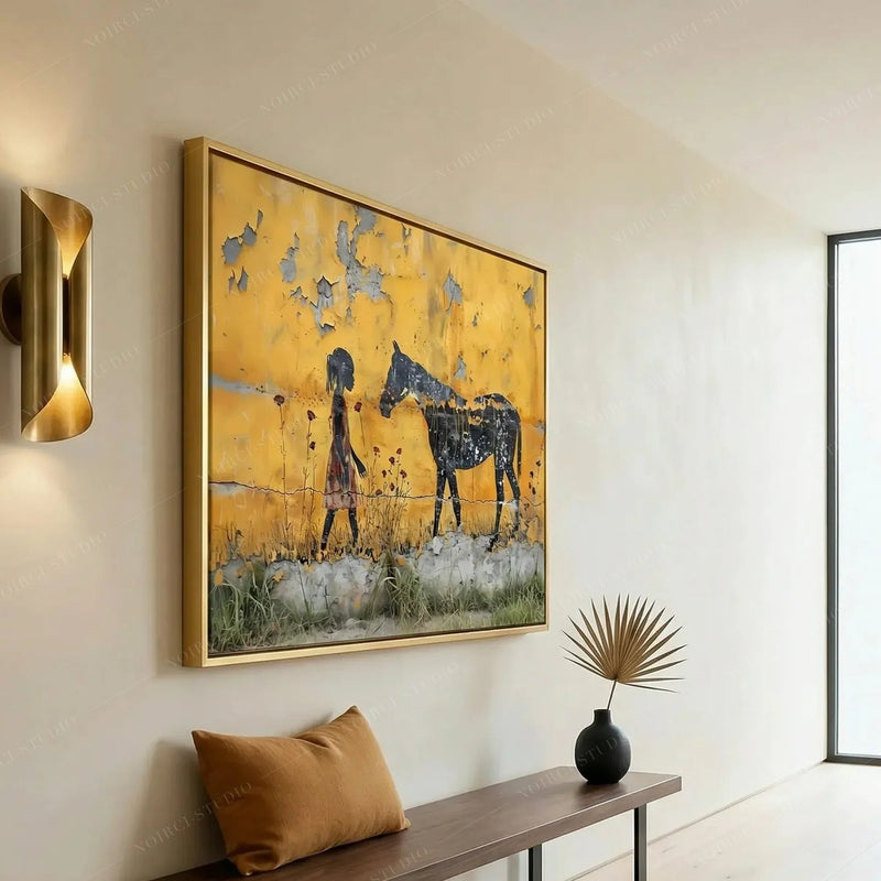 Girl with horse canvas in a gold frame in a minimalist hallway with a brass sconce and cushioned walnut bench