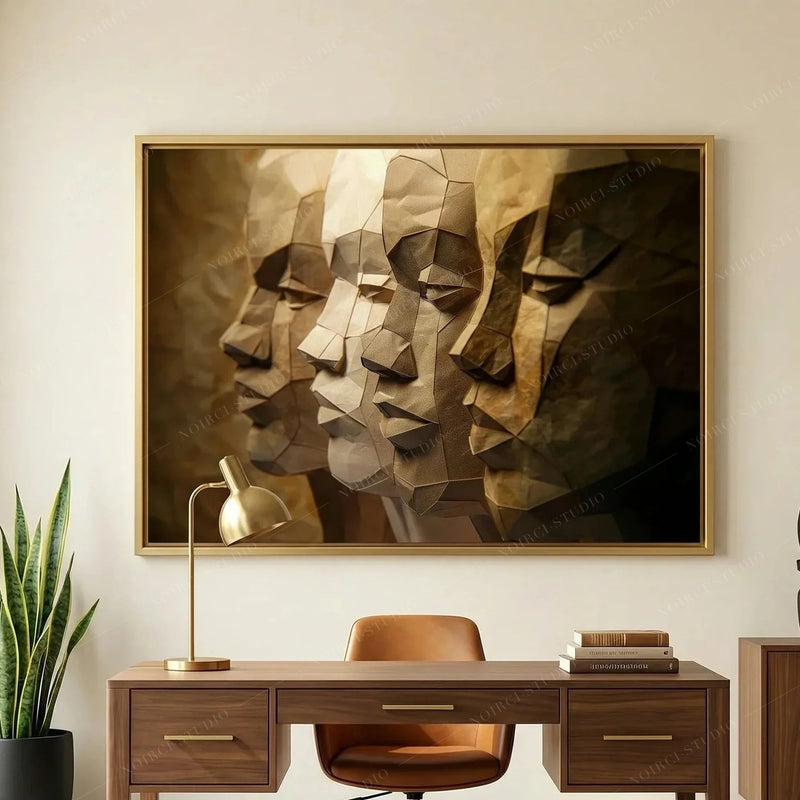 African American art for a home office, bronze paper-craft men profiles in a gold frame above a walnut desk