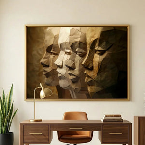 African American art for a home office, bronze paper-craft men profiles in a gold frame above a walnut desk