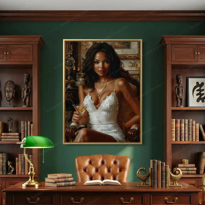 African American art for a home office, portrait on a dark green wall between wooden bookcases and a leather desk chair
