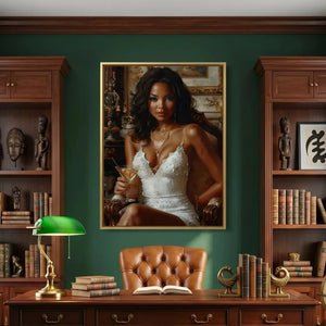 African American art for a home office, portrait on a dark green wall between wooden bookcases and a leather desk chair