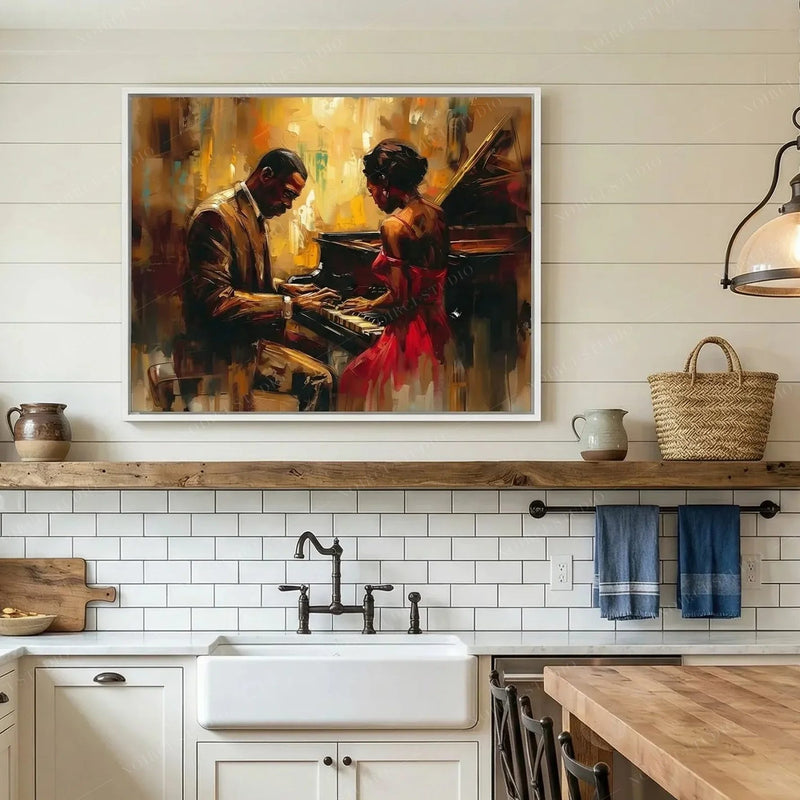 Black farmhouse decor, jazz piano couple in a white frame on shiplap above a farmhouse apron sink
