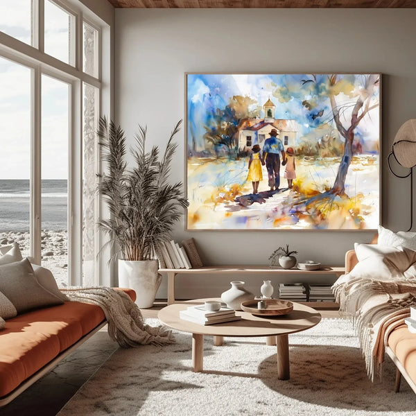 Gullah Geechee wall art in a coastal sitting room with ocean view and pampas grass, family walking to a white church